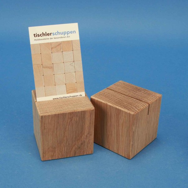 Wooden Table stand / wooden card holder - wooden cube 60 mm oak with slot